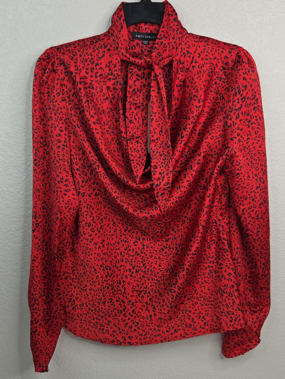 Red Leopard Print Tie-Neck Blouse